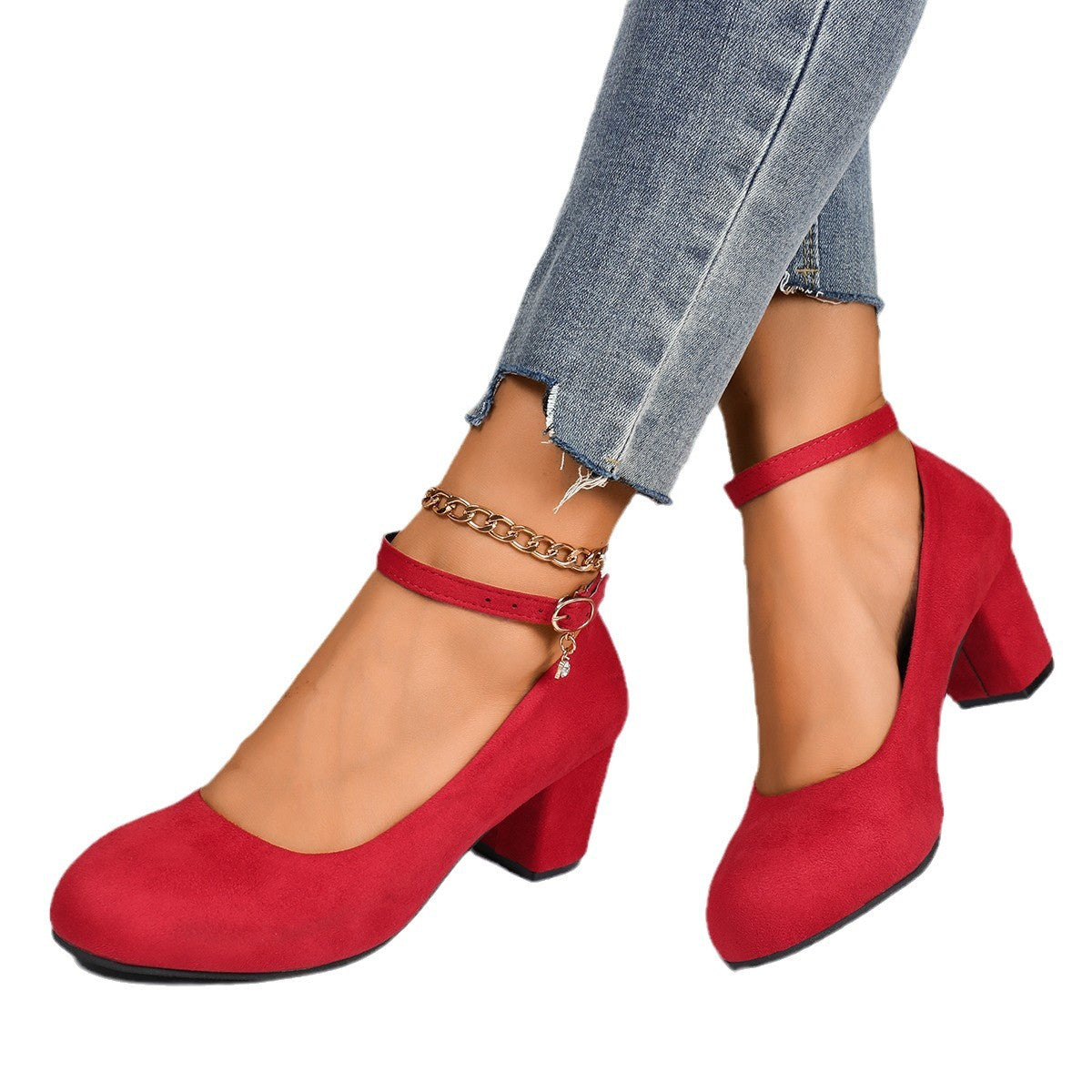 Pompes à talons bloc pour femmes avec bride de cheville réglable en velours doux Echoarchiv