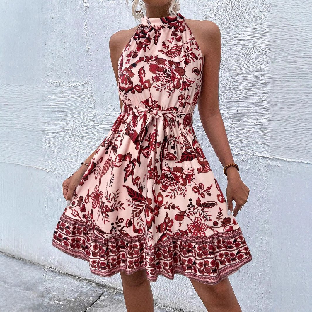 Robe à Col Halter avec Imprimé Floral, Taille avec Nœud et Coupe en A pour Femme