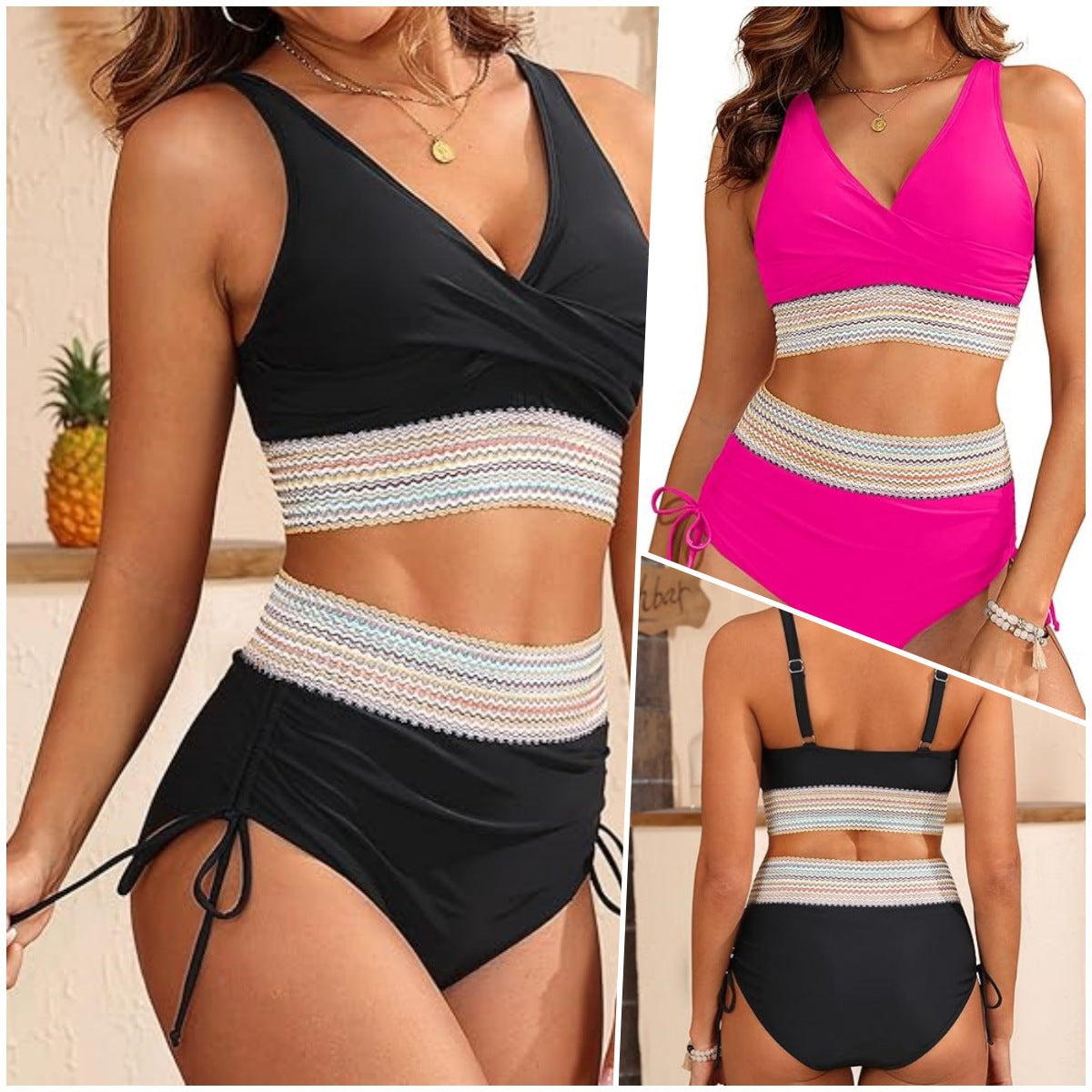 Bikini Femme Taille Haute avec Élégante Optique Enveloppante et Ceinture Décorative Echoarchiv