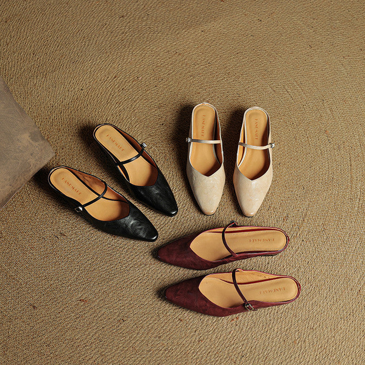 Sabots en Cuir Véritable à Bout Pointu et Boucle pour Femme