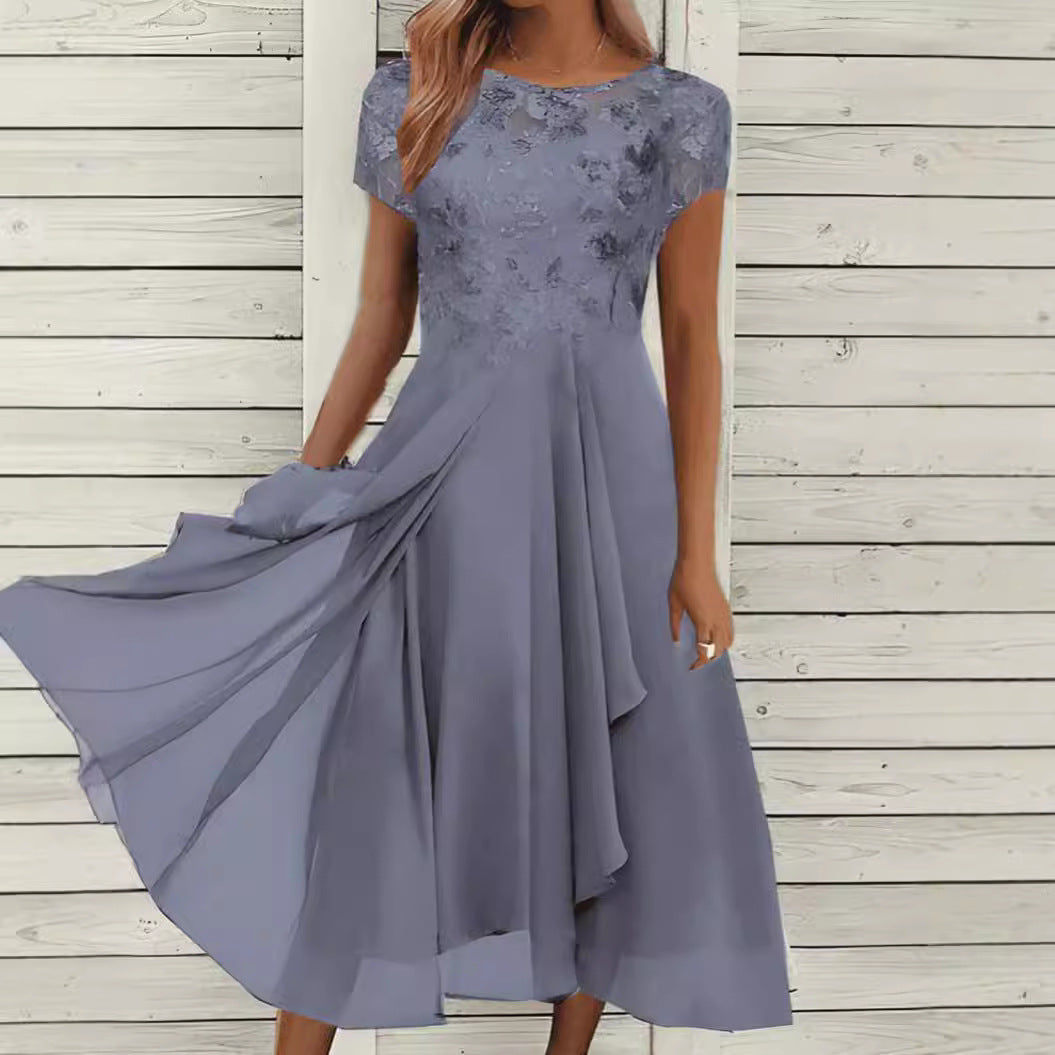 Robe midi en chiffon élégant pour femmes avec application en dentelle florale et jupe évasée fluide Echo Archiv