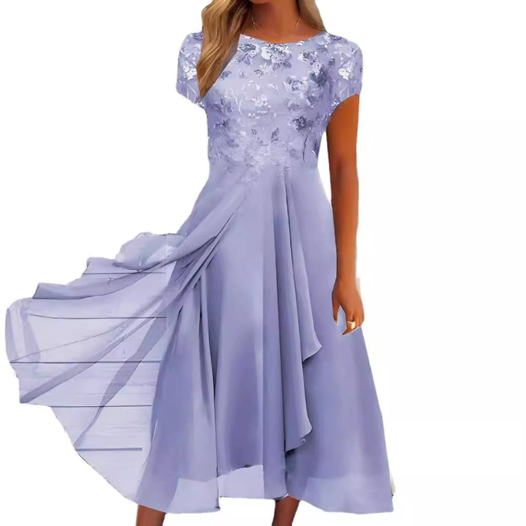 Robe midi en chiffon élégant pour femmes avec application en dentelle florale et jupe évasée fluide Echo Archiv