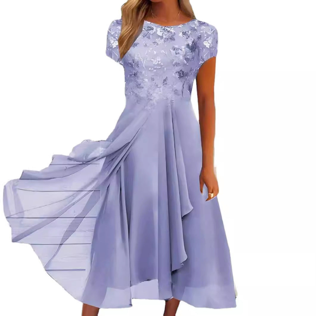 Robe midi en chiffon élégant pour femmes avec application en dentelle florale et jupe évasée fluide Echo Archiv