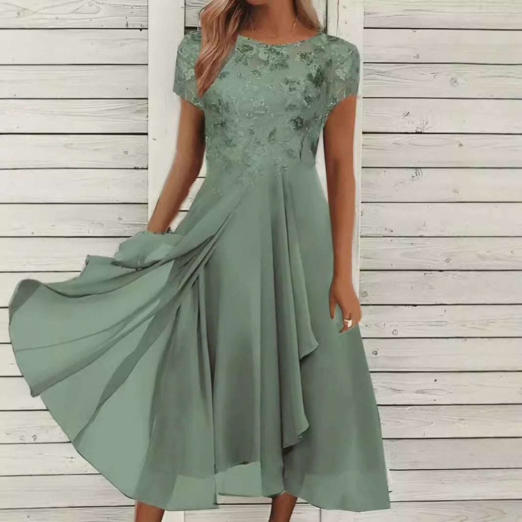 Robe midi en chiffon élégant pour femmes avec application en dentelle florale et jupe évasée fluide Echo Archiv