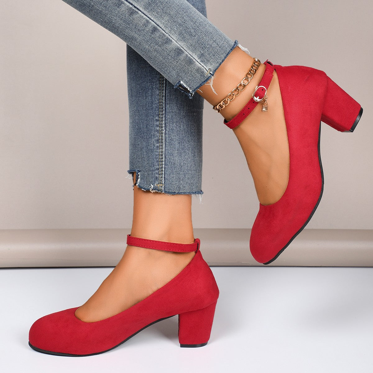 Pompes à talons bloc pour femmes avec bride de cheville réglable en velours doux Echoarchiv