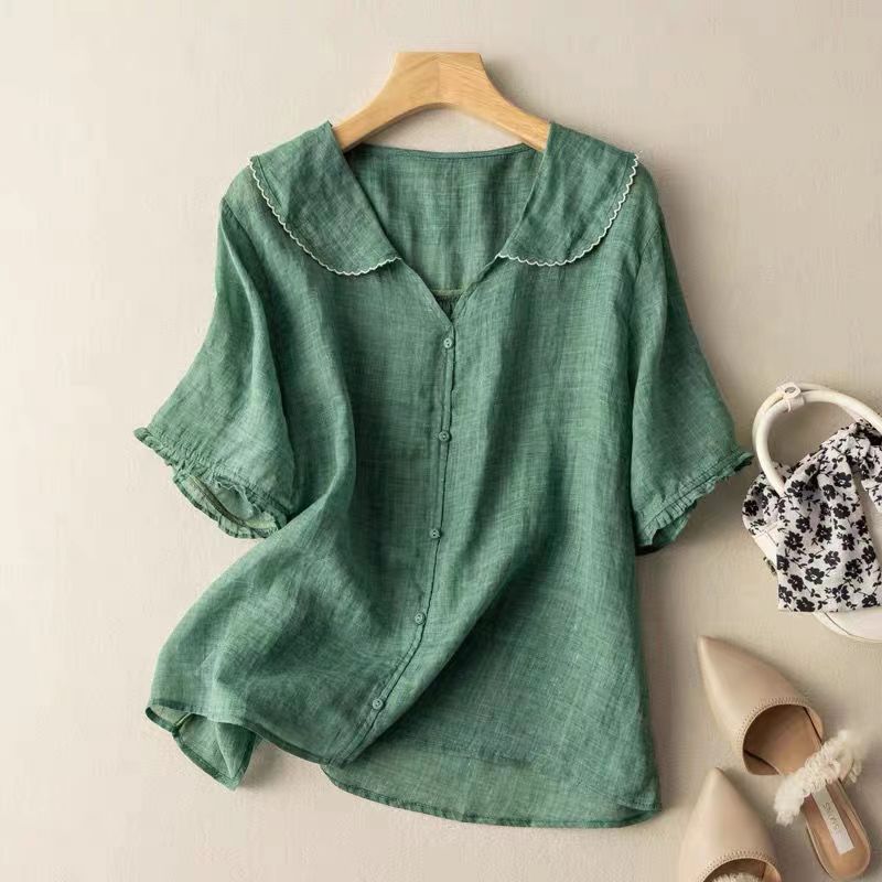Blouse en Lin de Style Vintage avec Col Festonné et Boutons pour Femme