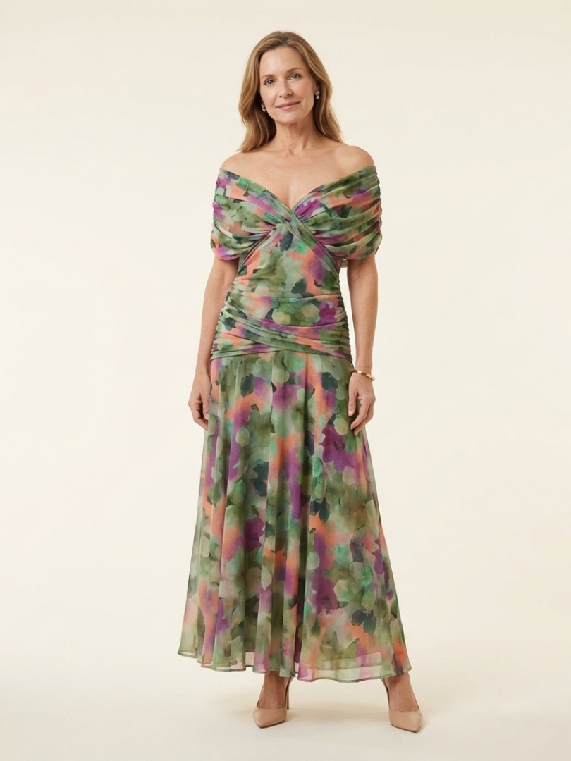 Maristelle | Robe Midi à Épaule Dégagée avec Détail Torsadé