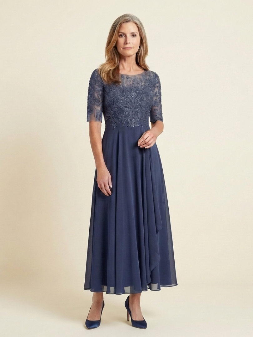 Vivian | Robe Midi à Corsage en Dentelle et Manches Trois Quarts