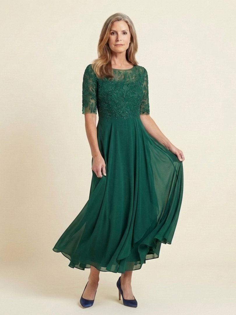 Vivian | Robe Midi à Corsage en Dentelle et Manches Trois Quarts