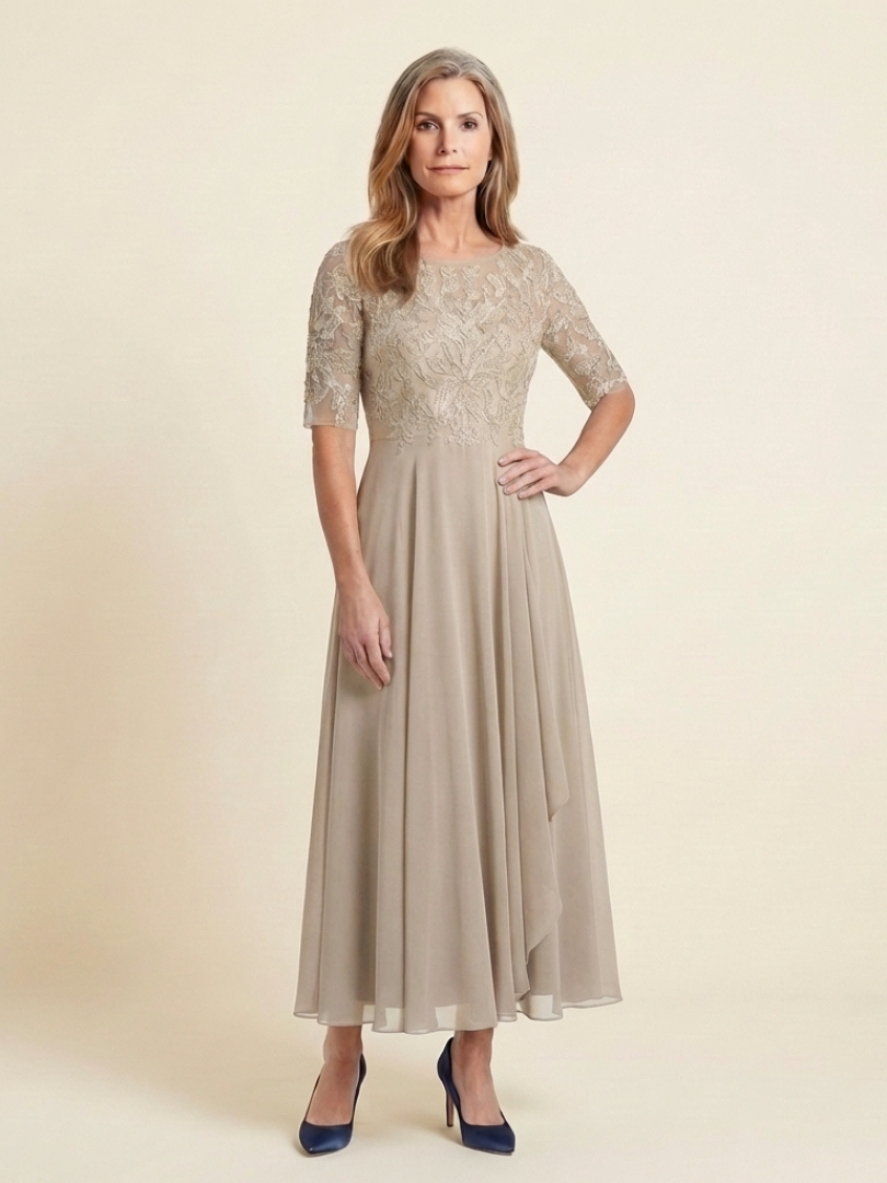 Vivian | Robe Midi à Corsage en Dentelle et Manches Trois Quarts