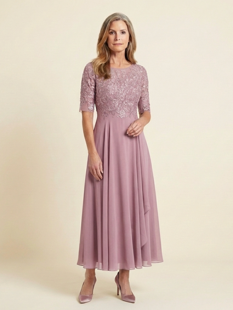 Vivian | Robe Midi à Corsage en Dentelle et Manches Trois Quarts