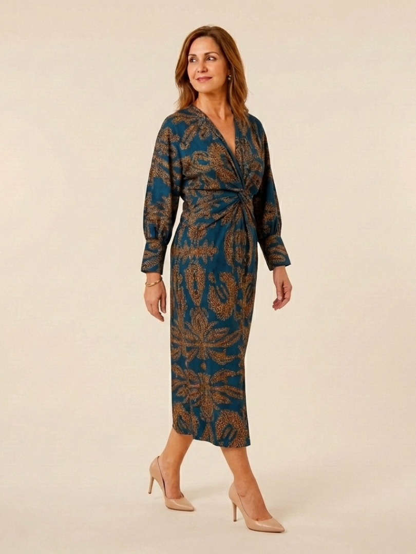 Corinna | Robe Midi à Manches Longues et Décolleté en V Twist