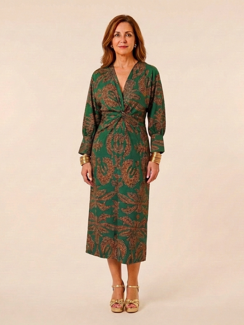 Corinna | Robe Midi à Manches Longues et Décolleté en V Twist