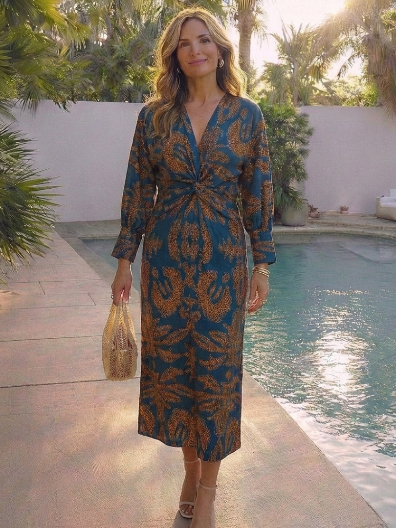 Corinna | Robe Midi à Manches Longues et Décolleté en V Twist
