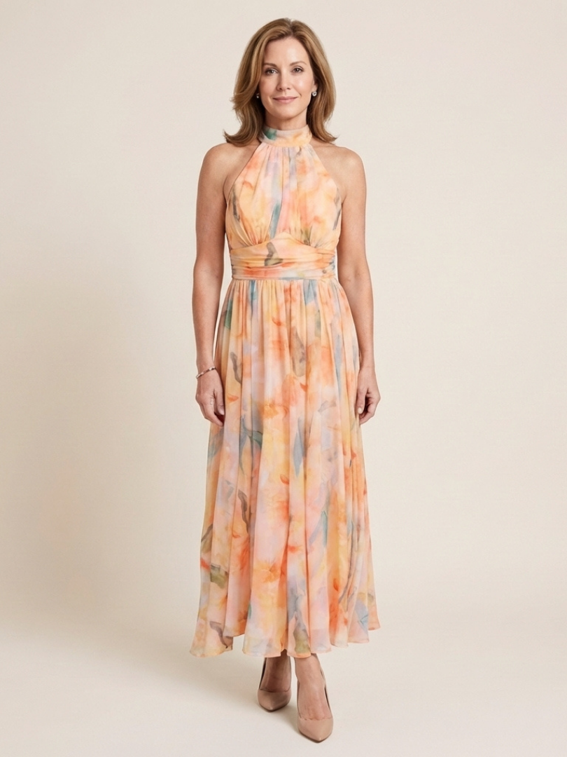 Elara | Robe Midi Sans Manches à Col Montant Froncé