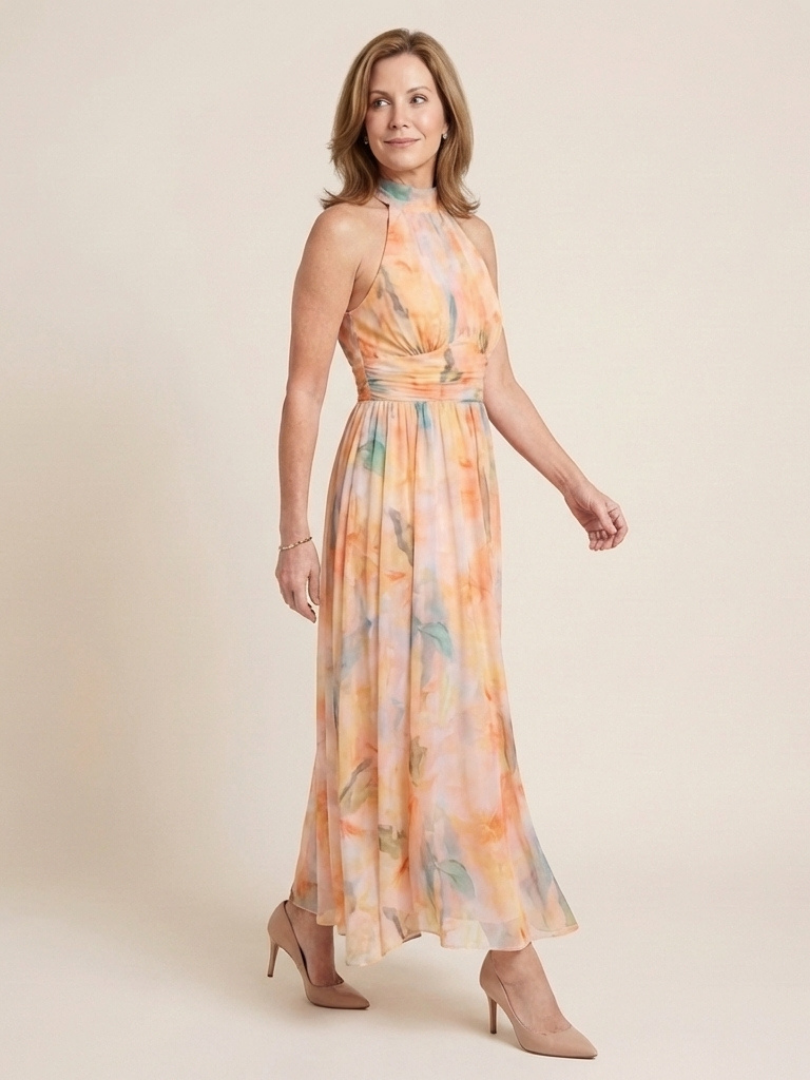 Elara | Robe Midi Sans Manches à Col Montant Froncé