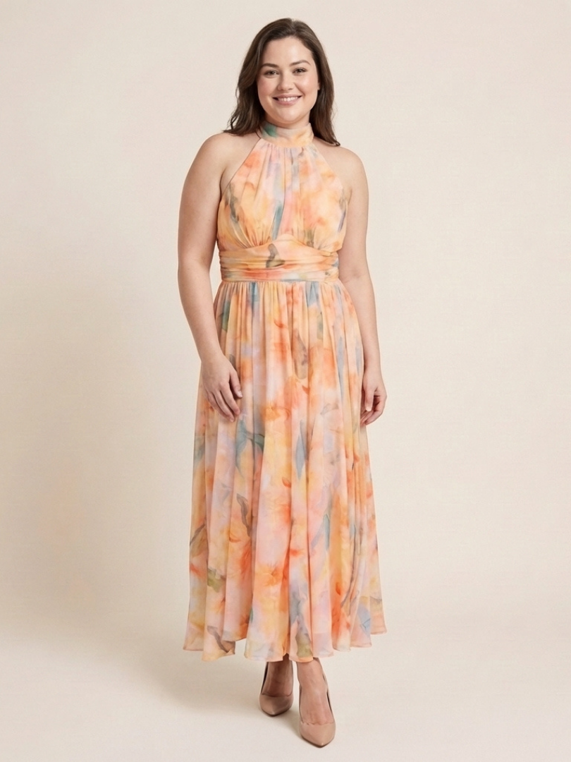 Elara | Robe Midi Sans Manches à Col Montant Froncé