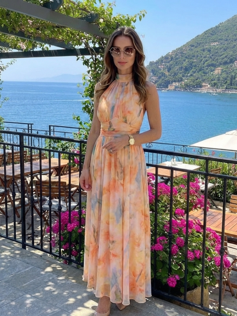 Elara | Robe Midi Sans Manches à Col Montant Froncé
