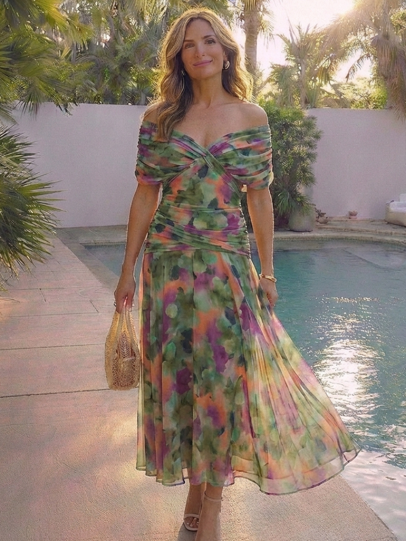 Maristelle | Robe Midi à Épaule Dégagée avec Détail Torsadé