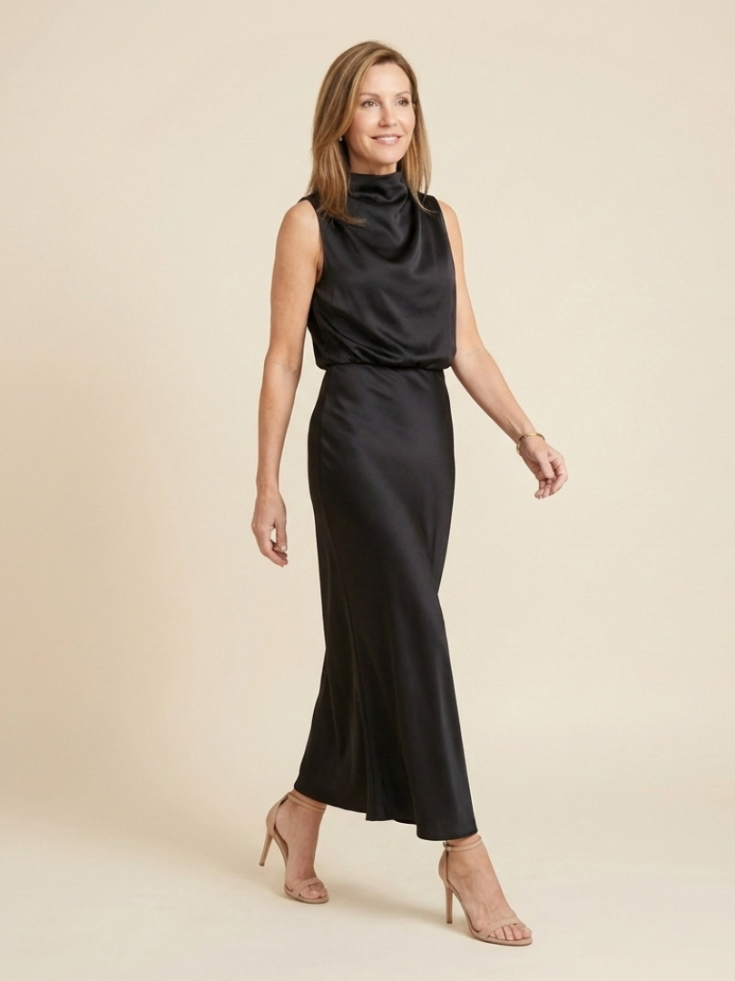 Olivienne | Robe Midi Sans Manches à Col Haut Drapé