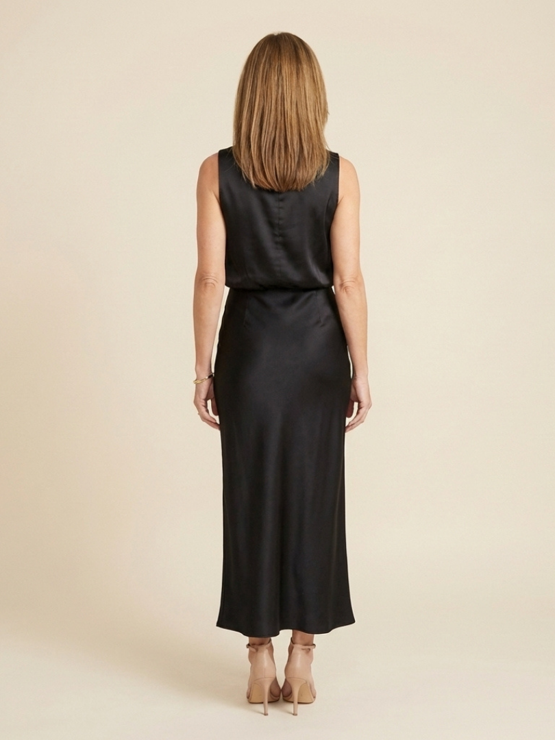 Olivienne | Robe Midi Sans Manches à Col Haut Drapé