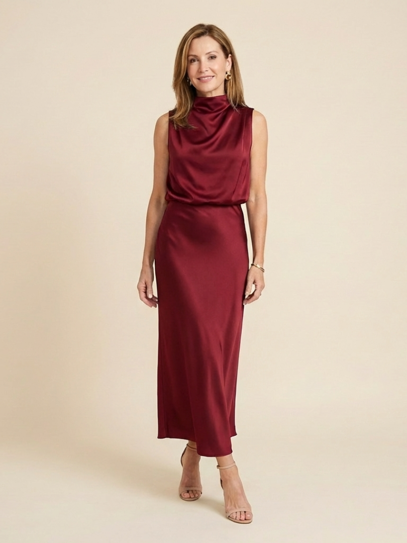 Olivienne | Robe Midi Sans Manches à Col Haut Drapé