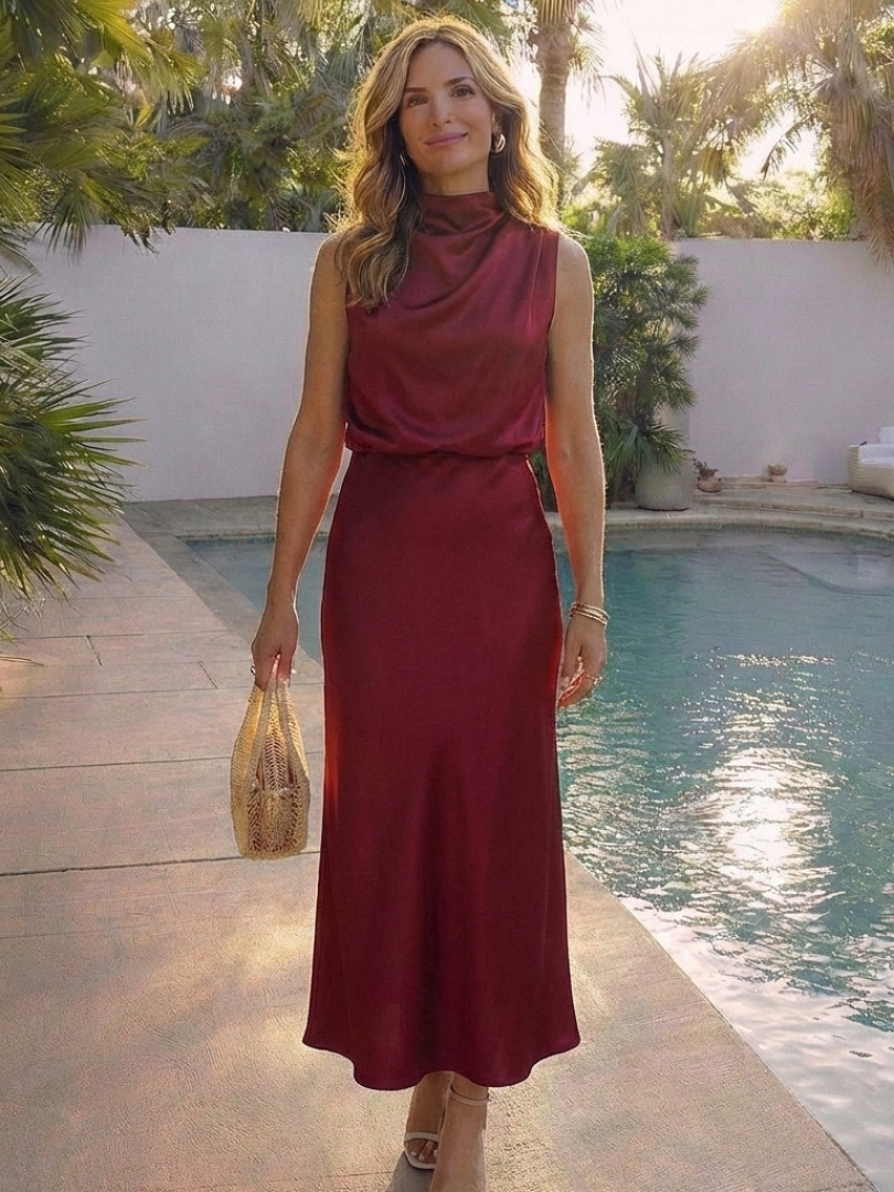 Olivienne | Robe Midi Sans Manches à Col Haut Drapé