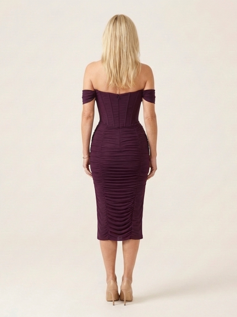 Sabira | Robe Midi Drapée à Épaules Dénudées