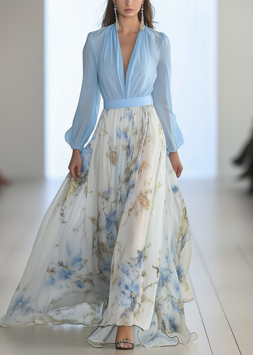 Robe Longue en Polyester avec Imprimé Floral Col en V et Manches Longues pour Femme