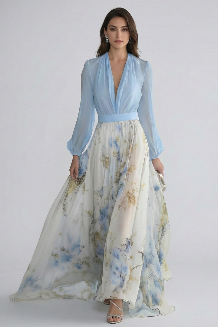 Robe Maxi Femme avec Décolleté en V et Manches Transparente