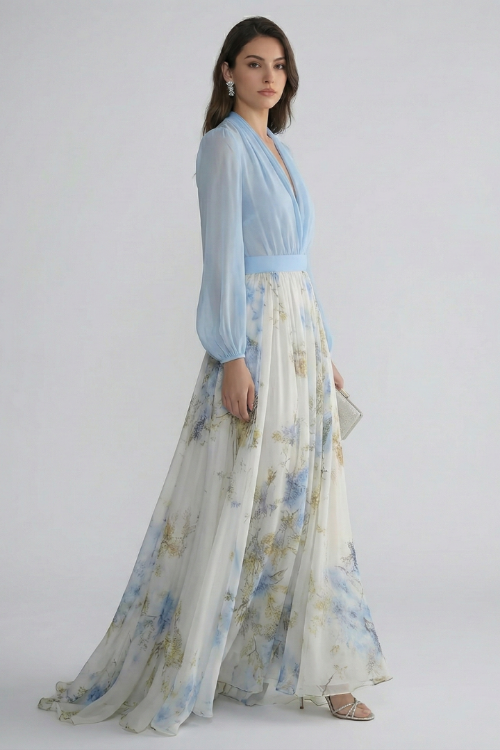 Robe Maxi Femme avec Décolleté en V et Manches Transparente
