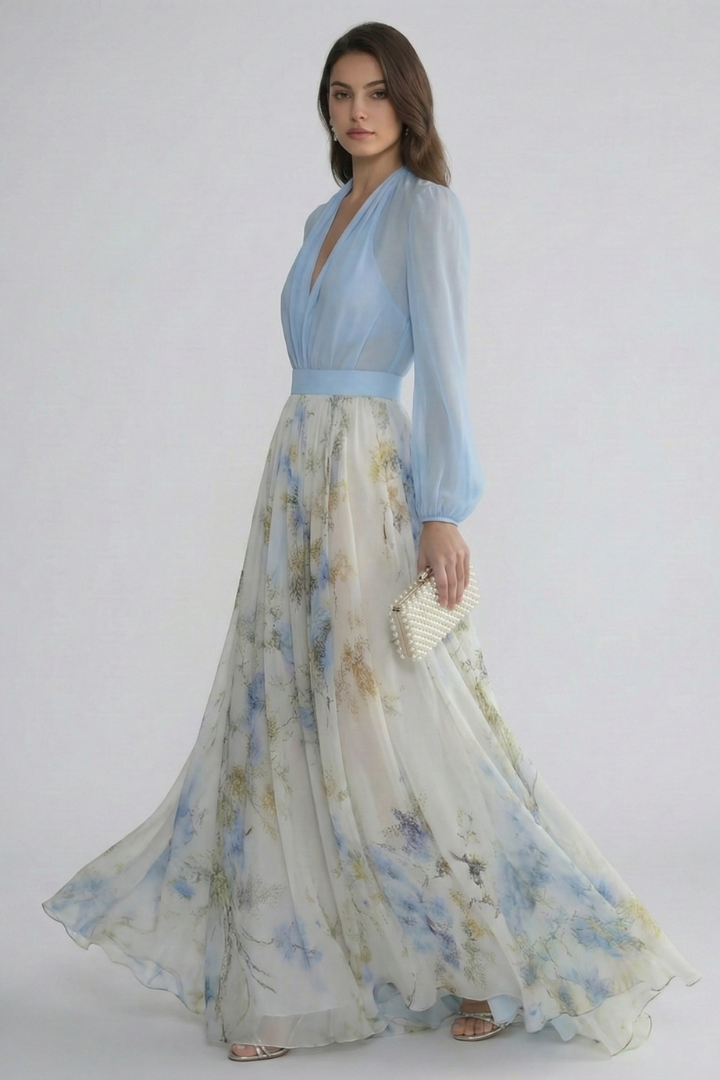 Robe Maxi Femme avec Décolleté en V et Manches Transparente