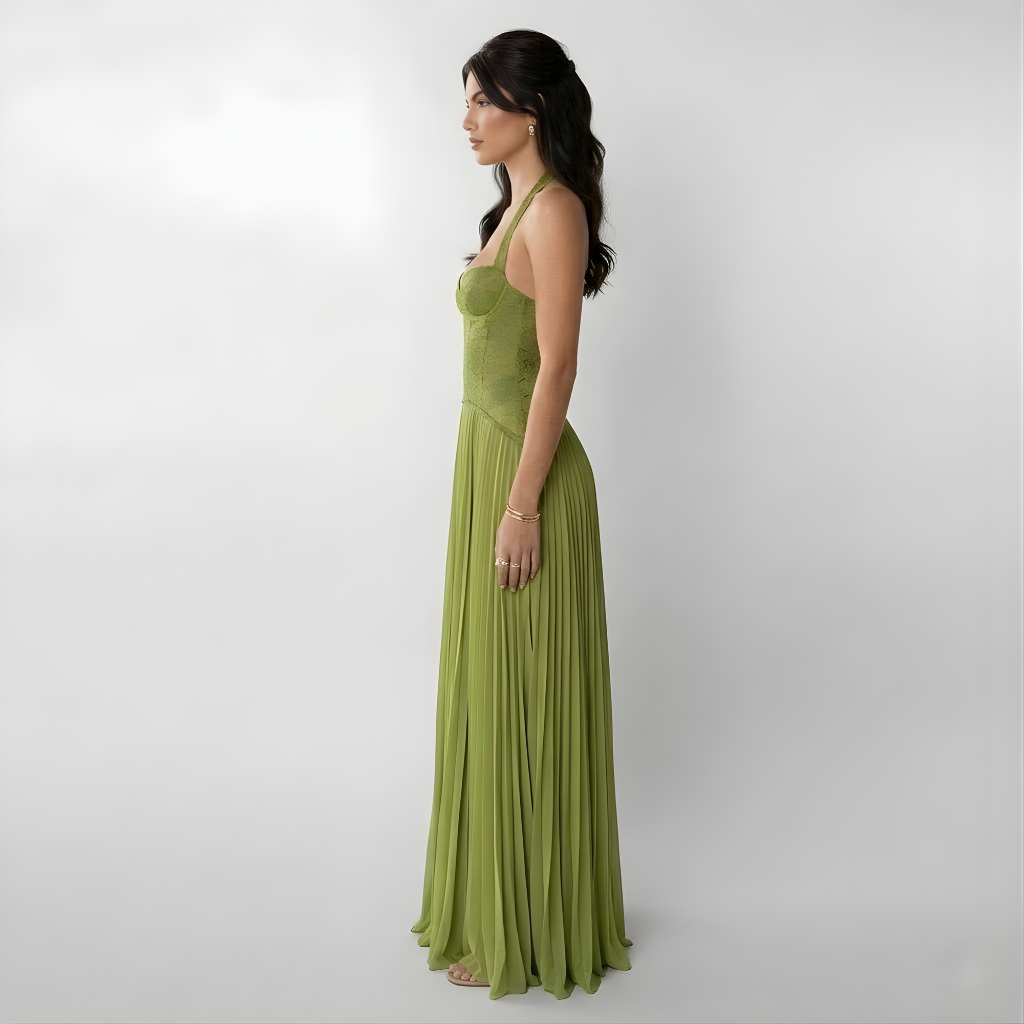 Robe Longue de Soirée avec Top en Dentelle Type Corset et Jupe Plissée pour Femme