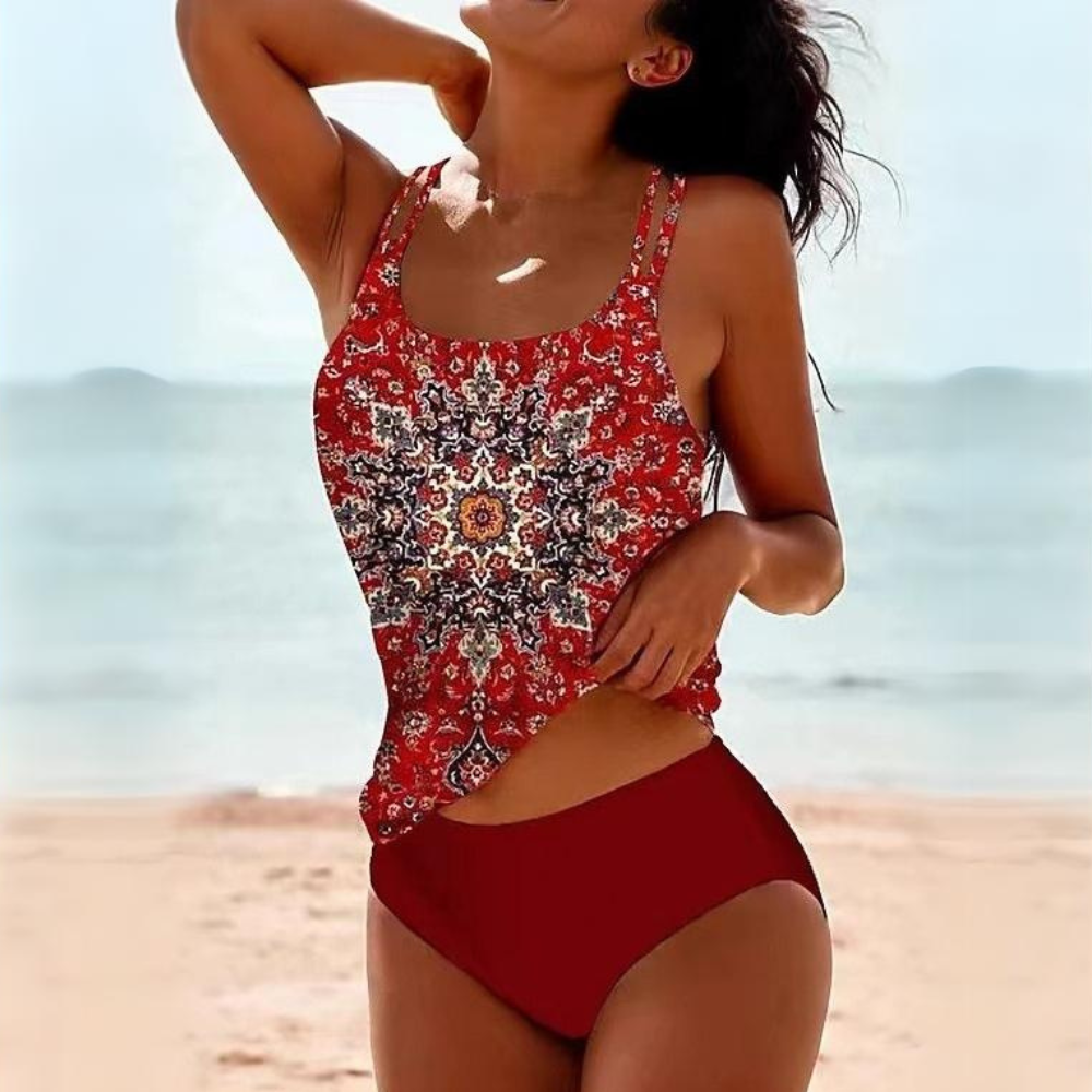Maillot de Bain Tankini Deux Pièces à Imprimé Ethnique avec Bretelles Doubles pour Femme