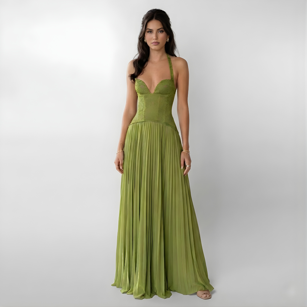 Robe Longue de Soirée avec Top en Dentelle Type Corset et Jupe Plissée pour Femme