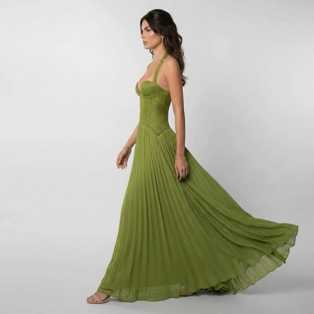Robe Longue de Soirée avec Top en Dentelle Type Corset et Jupe Plissée pour Femme