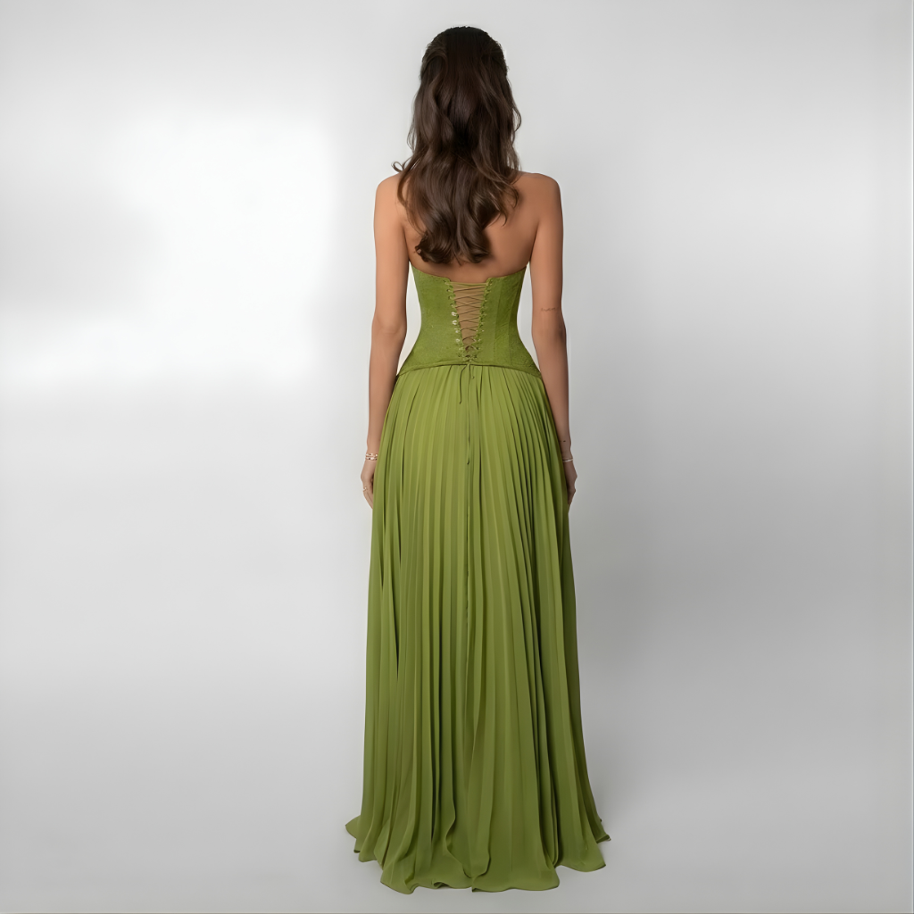 Robe Longue de Soirée avec Top en Dentelle Type Corset et Jupe Plissée pour Femme