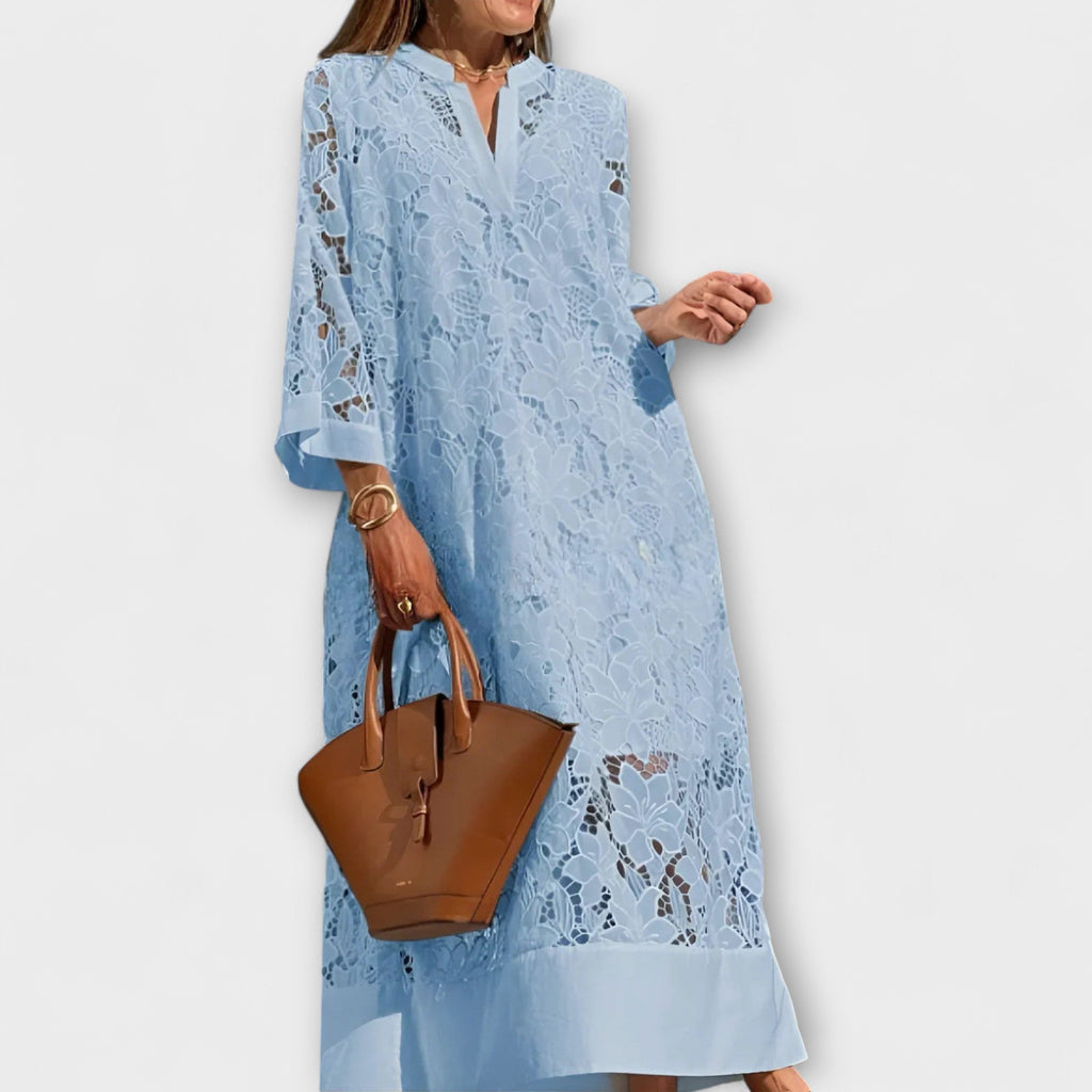 Robe Longue en Dentelle Florale avec Col en V et Manches Évasées