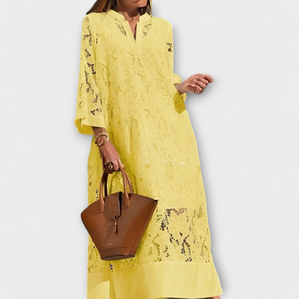 Robe Longue en Dentelle Florale avec Col en V et Manches Évasées