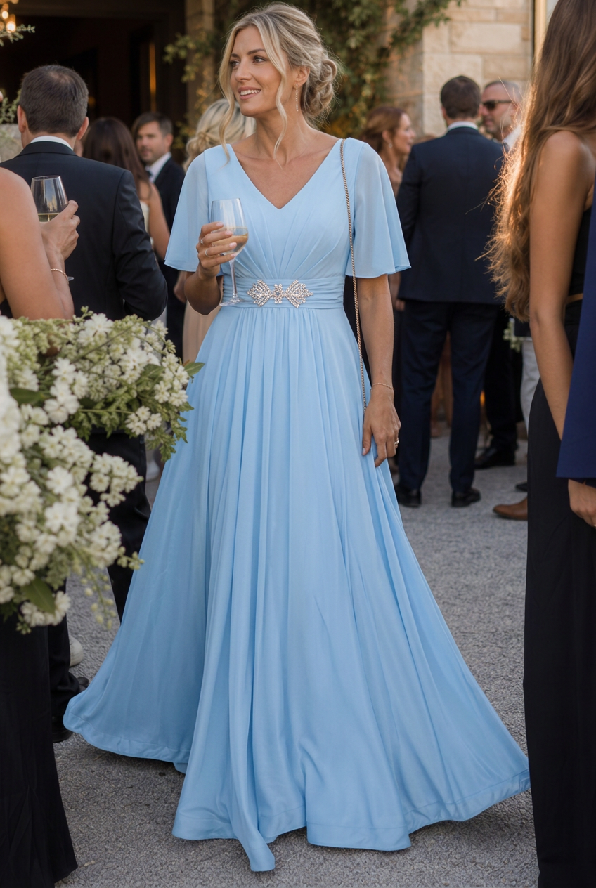 Orelia | Robe Maxi Évasée à Manches Courtes et Décolleté en V Embellie