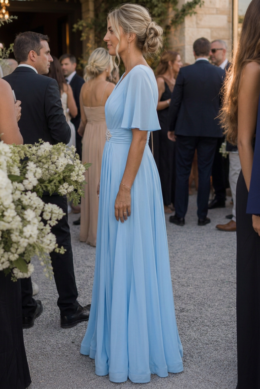 Orelia | Robe Maxi Évasée à Manches Courtes et Décolleté en V Embellie