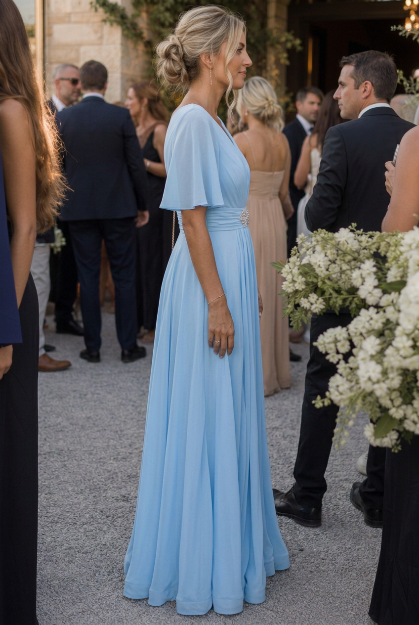 Orelia | Robe Maxi Évasée à Manches Courtes et Décolleté en V Embellie
