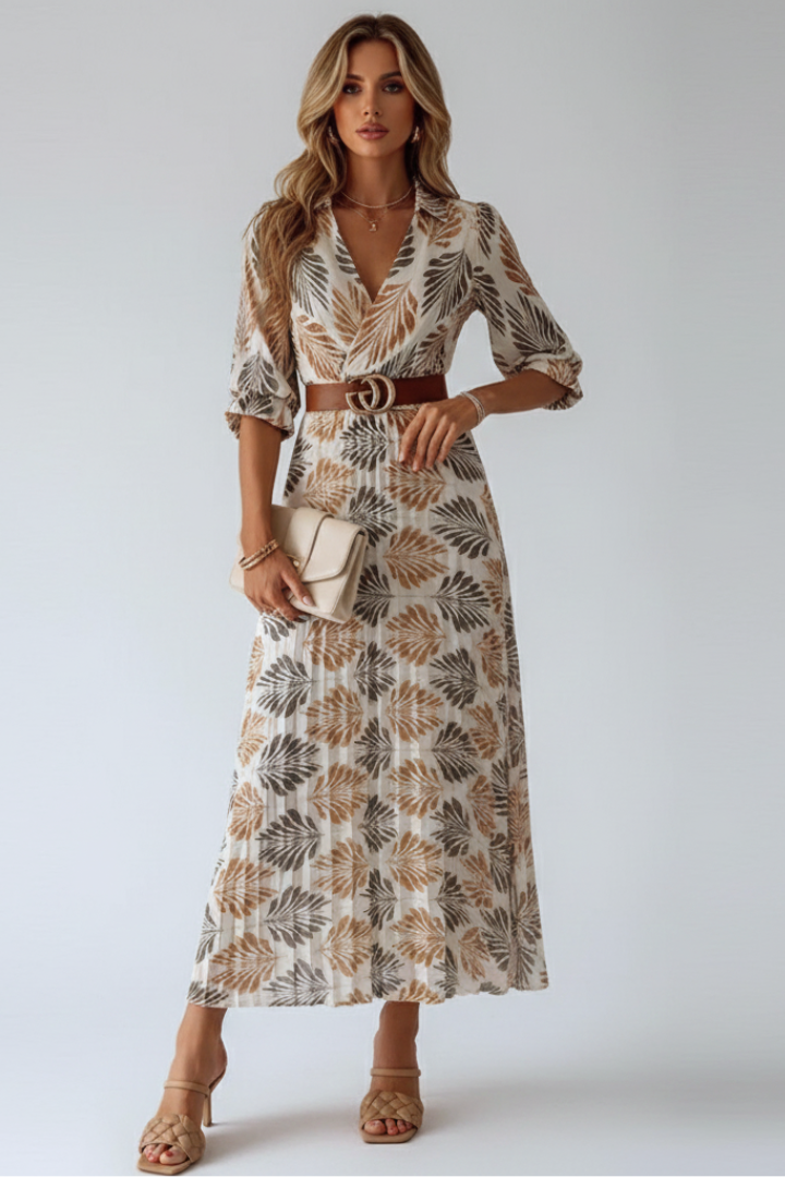 Robe Maxi Femme avec Imprimé à Motifs et Manches Longues au Coude