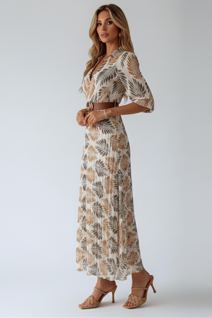 Robe Maxi Femme avec Imprimé à Motifs et Manches Longues au Coude