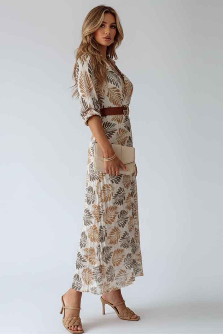 Robe Maxi Femme avec Imprimé à Motifs et Manches Longues au Coude
