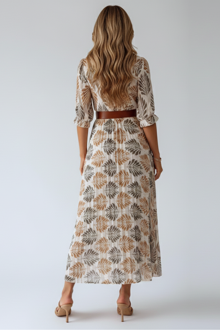 Robe Maxi Femme avec Imprimé à Motifs et Manches Longues au Coude