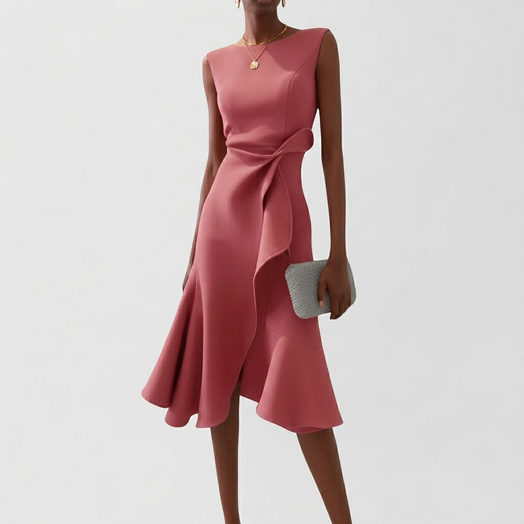 Robe Midi Asymétrique Drapée Femme Élégante Sans Manches Fluide