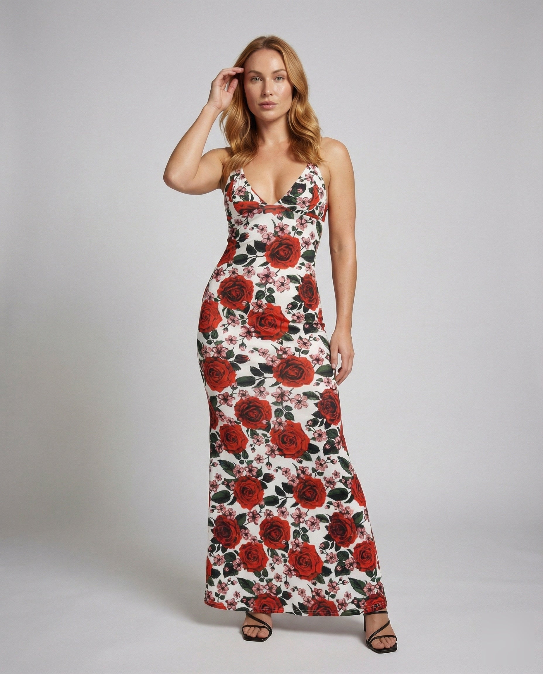 Robe maxi femme avec imprimé roses et bretelles spaghetti