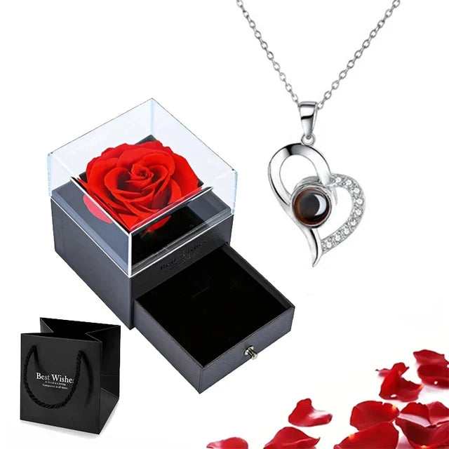 Collier romain | Rose éternelle et collier cœur | Coffret cadeau de luxe