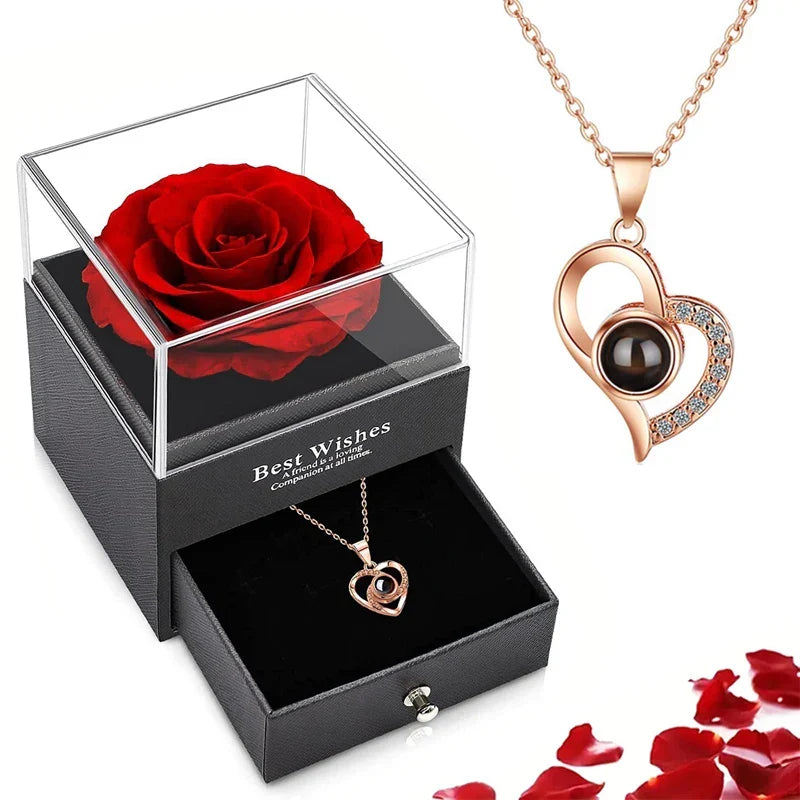 Collier romain | Rose éternelle et collier cœur | Coffret cadeau de luxe